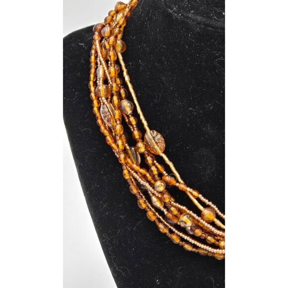 Multi-Strand Amber Glass Beaded 16" Necklace Lobster Claw Clasp Extender - Picture 2 of 9
